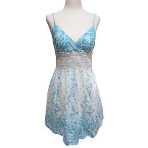 Fairy‎ Floral Smocked Waist Mini Dress Blue White Spaghetti Strap Flounce Summer